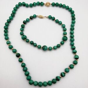 Vintage Malachite and 14kt gold beaded necklace/bracelet set w/ 14kt YG clasps!